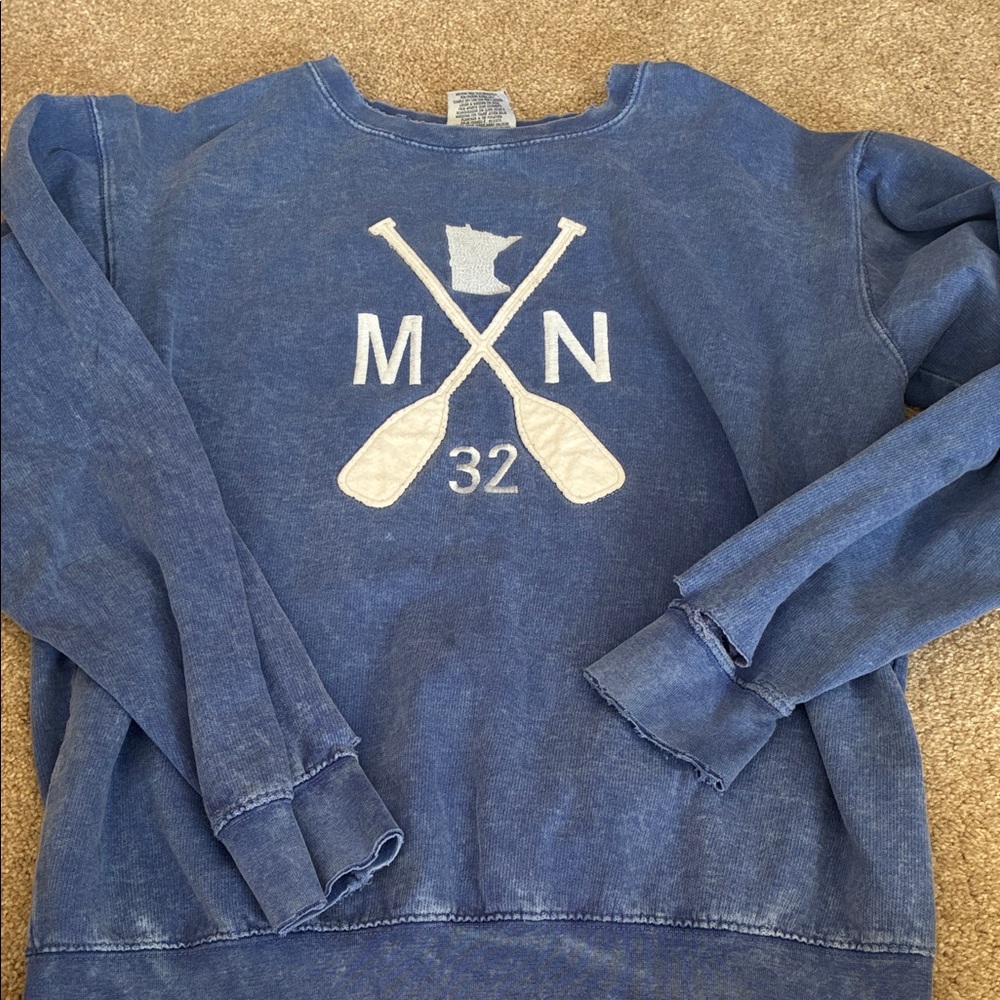 Blue Crewneck Sweatshirt with White MN Oars Graphic
